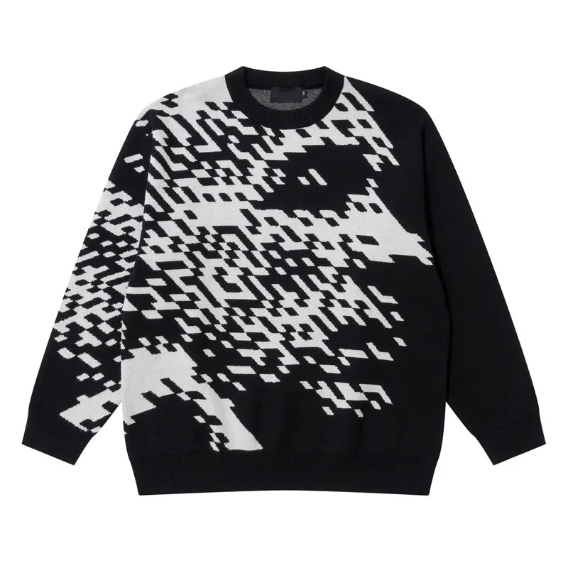 mens knitted sweater fashion pixel abstraction human face pullovers casual o neck unisex harajuku streetwear loose knit jumpers - Y2K grunge street style, vintage look oversized hoodie, high quality cotton hoodie