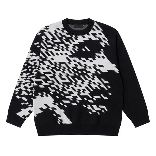 mens knitted sweater fashion pixel abstraction human face pullovers casual o neck unisex harajuku streetwear loose knit jumpers - Y2K grunge street style, vintage look oversized hoodie, high quality cotton hoodie