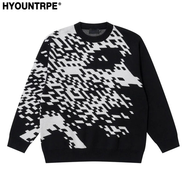mens knitted sweater fashion pixel abstraction human face pullovers casual o neck unisex harajuku streetwear loose knit jumpers - Y2K grunge street style, vintage look oversized hoodie, high quality cotton hoodie