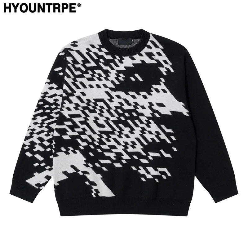 mens knitted sweater fashion pixel abstraction human face pullovers casual o neck unisex harajuku streetwear loose knit jumpers - Y2K grunge street style, vintage look oversized hoodie, high quality cotton hoodie