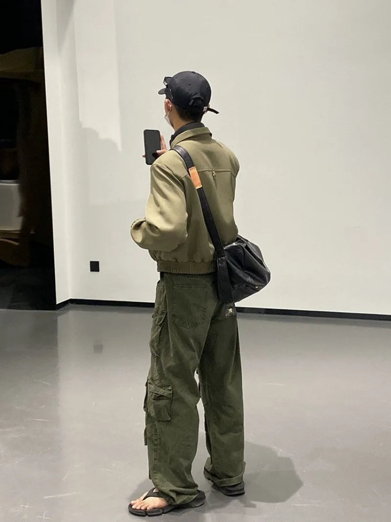 high street y2k men set casual loose lapel jacket hip hop multi pocket overalls 2 piece spring autumn fashion couple suit trend unique default style 4595