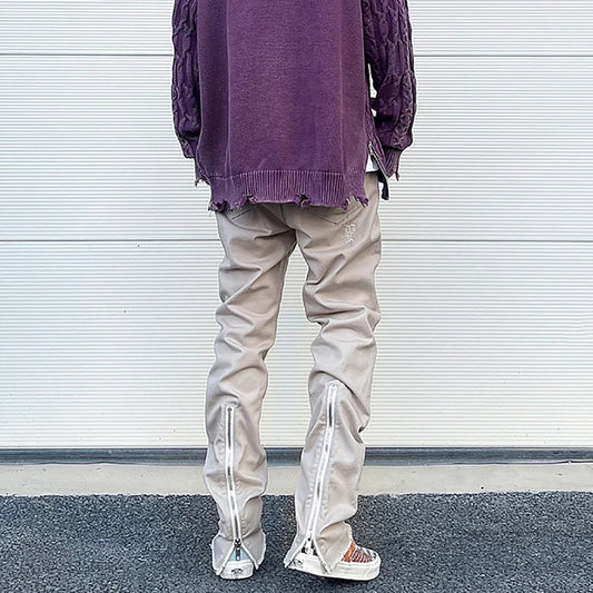 vintage casual small foot tapered jeans pants solid color back zipper mens slim fit jeans washed patch hole straight leg pants urban skinny jeans