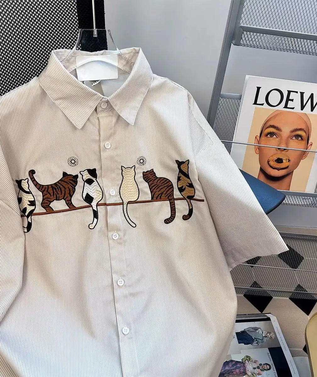 Japanese pinstripe cat pattern shirts for men and women summer trendy brand retro Hong Kong style loose