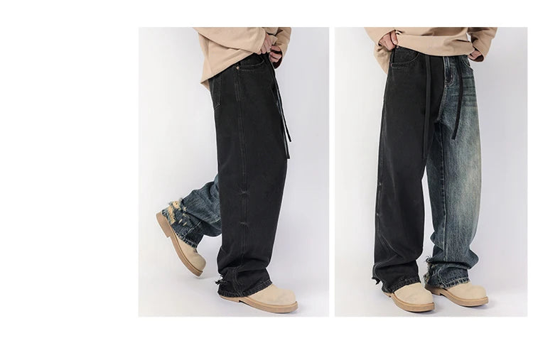 men streetwear fashion black blue splice hip hop loose casual wide leg straight baggy jeans pant cityboy jeans pants trousers unique jeans style 2642