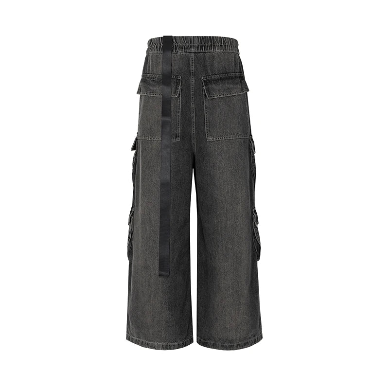 ro style ribbons wide leg multi pockets smoke grey baggy jeans for men straight pantalones hombre drawstring denim trousers unique jeans style 1204