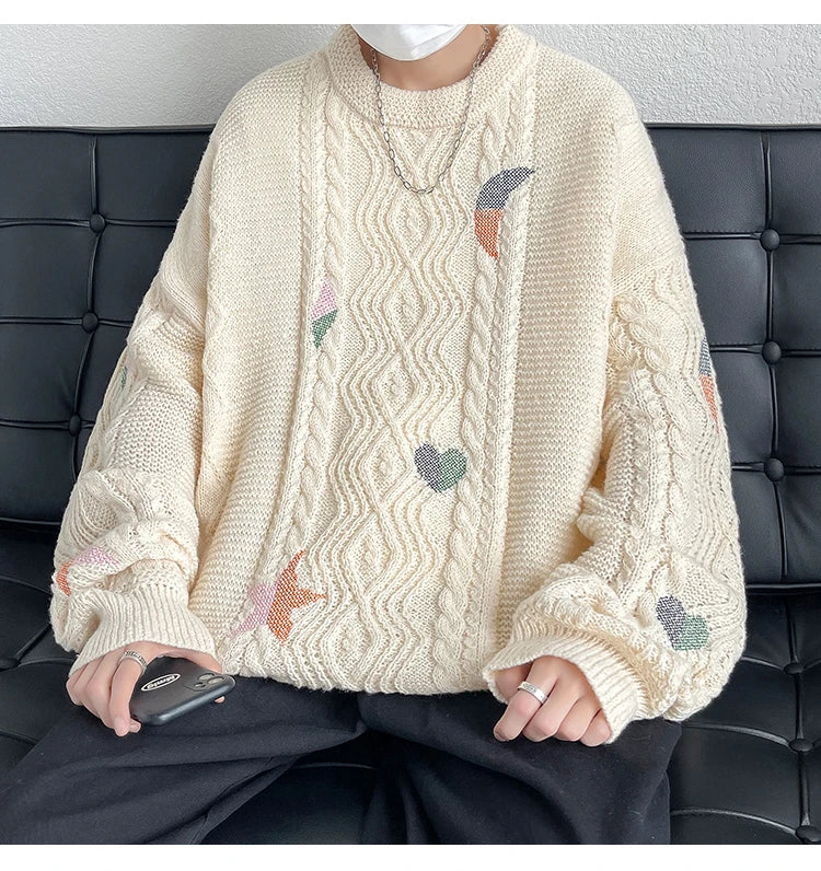 varsity flame pullover for men with bold graphic knit design, perfect for 2025 fashion, street fashion menswear trend for sea