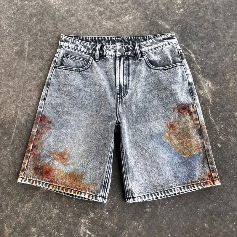 harajuku retro cartoon print oversized wide leg pants gothic washed distressed jeans men y2k fashion casual denim shorts women unique jeans style 3745