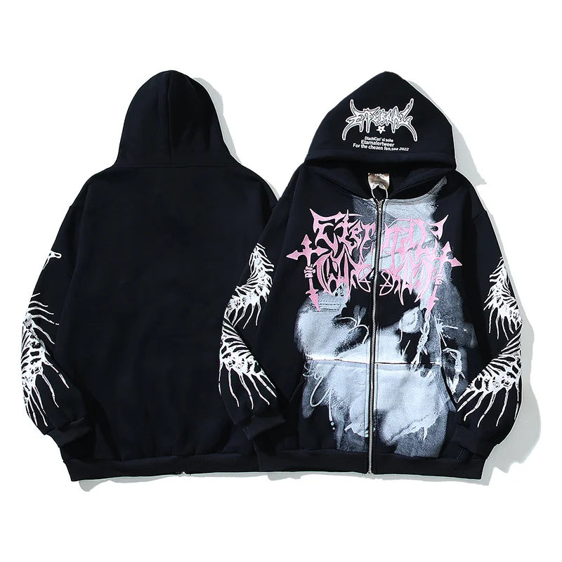 Chaopin High Street Brushed Kanye Vintage Dinosaur Bone Print Hoodie H
