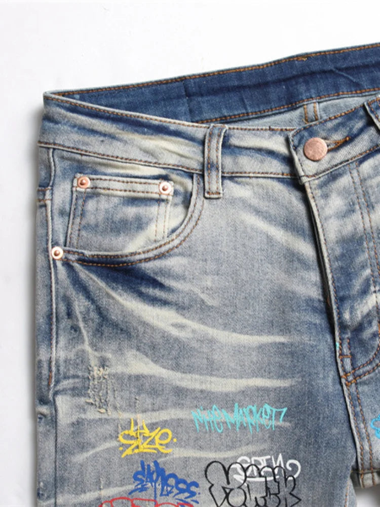 letter graffiti printed denim jeans pants mens punk bottons biker jeans streetwear slim fit hip hop new casual y2k pants joggers sporty tapered joggers