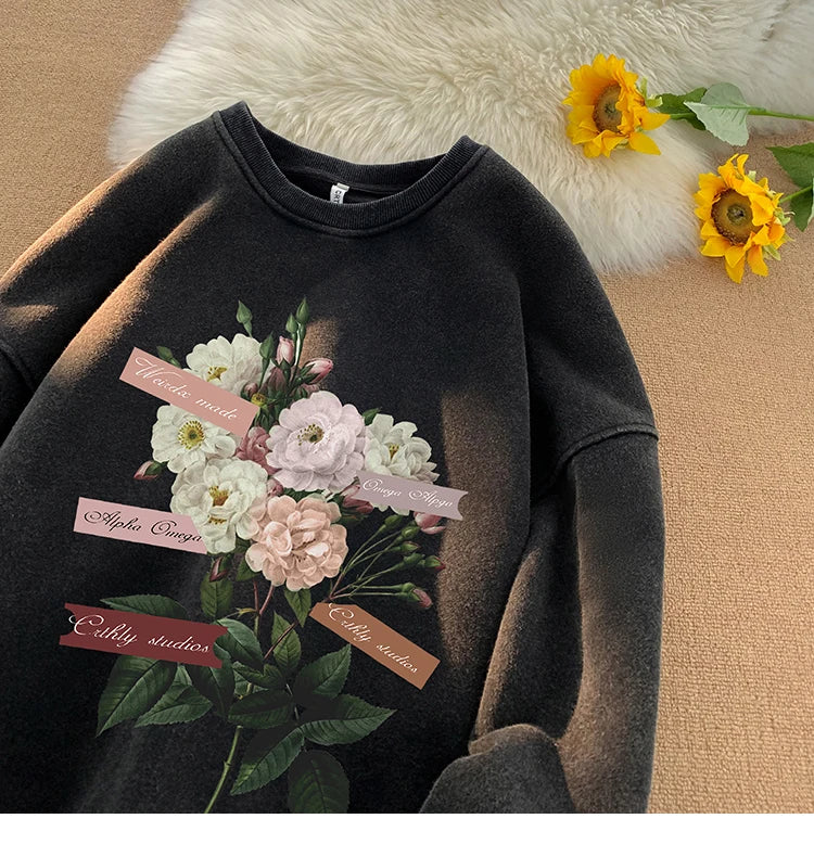Vintage Floral Graphic Men Sweatshirt Spring Autumn Gothic Round Neck Pullover Hip Hop Streetwear Y2k Sweatshirts