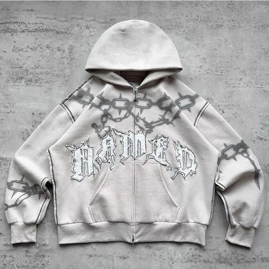 2024 American Trend Brand Printed Personality Zipper Sweatshirt Winter Hip Hop Retro Men's Women's