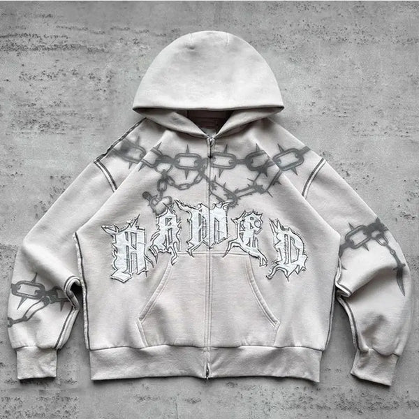 2024 American Trend Brand Printed Personality Zipper Sweatshirt Winter Hip Hop Retro Men's Women's Casual Street Cardigan Hoodie