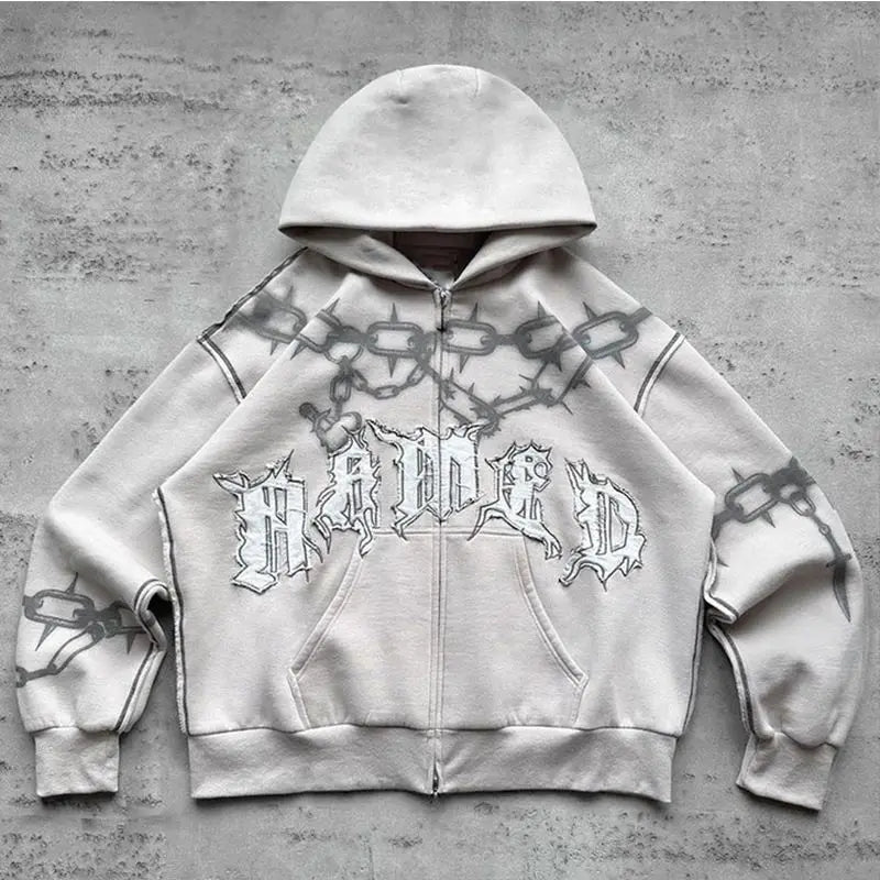 2024 American Trend Brand Printed Personality Zipper Sweatshirt Winter Hip Hop Retro Men's Women's Casual Street Cardigan Hoodie