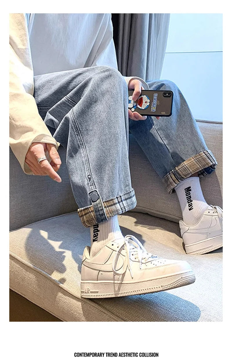 2024 new plaid trouser legs jeans for men casual baggy straight denim pants korean fashion y2k streetwear pantalones hombre jean unique jeans style 3563