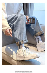2024 new plaid trouser legs jeans for men casual baggy straight denim pants korean fashion y2k streetwear pantalones hombre jean unique jeans style 3563