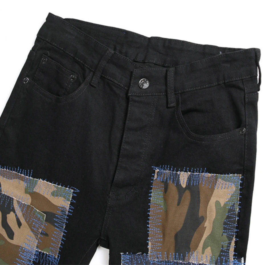 fashion ripped patchwork jeans men harajuku streetwear hip hop black jeans trend slim denim pants vintage washed jeans