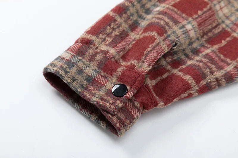 Autumn and Winter New Lattice Embroidery Woolen Jacket Shirt Japanese Retro Plaid Casual Loose Long Sleeved Jackets Coats