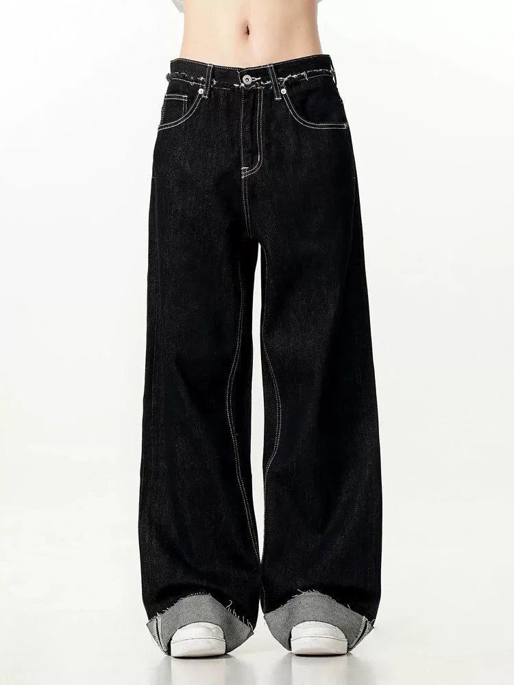 men women streetwear fashion loose casual wide leg straight black denim jeans pant boyfriend y2k baggy jeans trousers denim street jeans