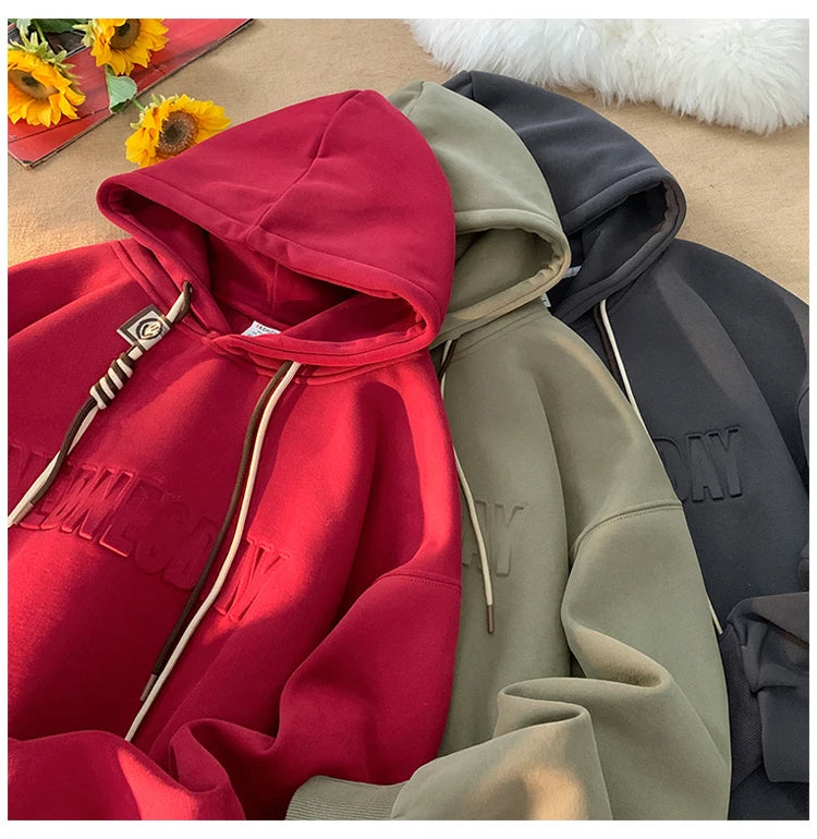 Embossed Letters Casual Hooded Sweatshirt Basic Colours Drawstring Cla