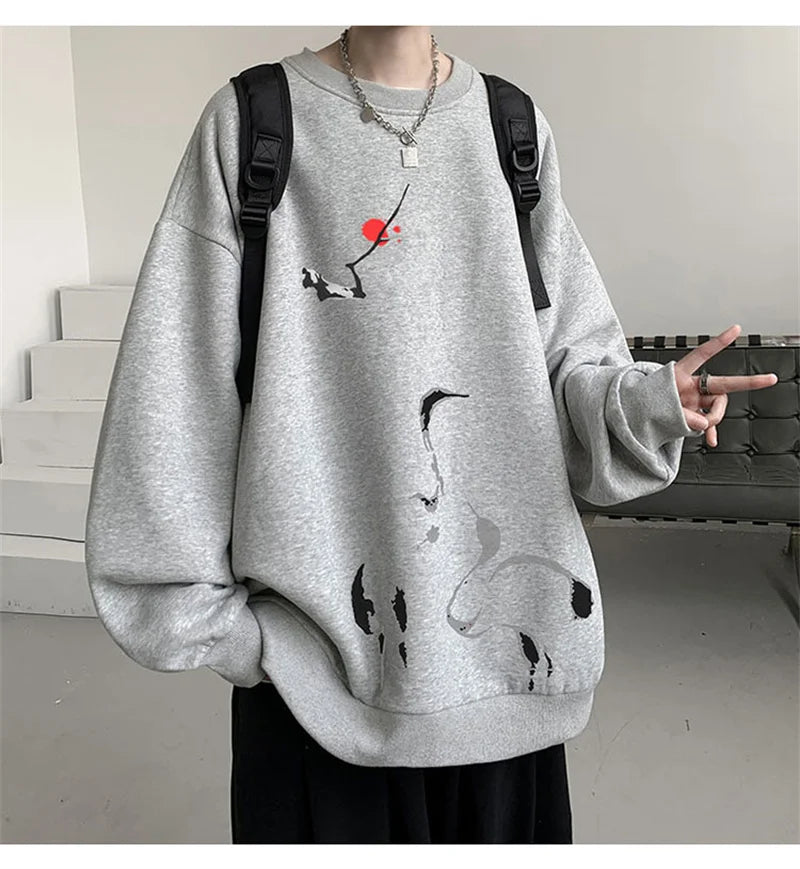 Ink Painting Cartoon Crane Printed Pullover Hoodies For Men 2024 New H