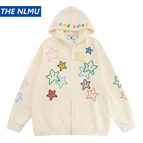 Hip Hop Zip Up Hoodie Jacket Y2K Star Embroidered Fleece Hooded Coat 2