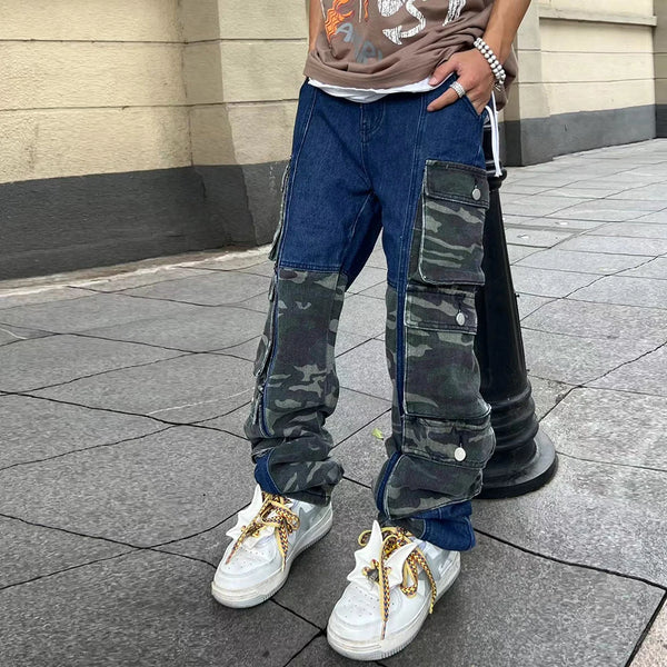 street wear camouflage patchwork cargo flared jeans harajuku unisex functional side multiple pockets camou jeans pants baggy military streetwear pants