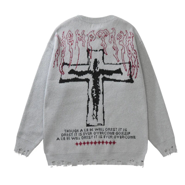 vintage sweaters y2k grunge streetwear hip hop ripped hole knitted cross punk gothic jumpers fashion harajuku casual pullover high quality cotton pullover, unique limited edition hoodie, trendy hip hop style outerwear