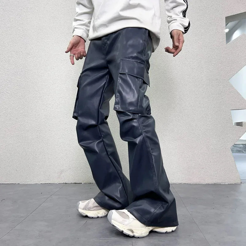 pu leather pants mens streetwear fashion hip hop vibe casual faux leather cargo flared pant men motorcycle trousers multi-pocket cargos