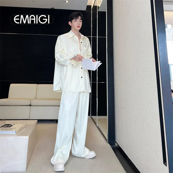 men silk style streetwear fashion loose casual long sleeve shirts pants 2 pieces sets male vintage suits blouses trousers relaxed fit trousers