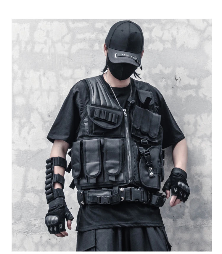 hip hop sleeveless vests mesh adjustment cargo waistcoat with pockets zipper military jacket streetwear tactical vest sweatsh - variant style 62db84 for streetwear fashion
