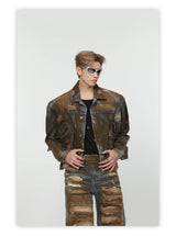 2 pieces sets mens dirty graffiti wide shouder denim jeans jacket coat and ripped holes wide legs pants joggers streetwear sets unique joggers style 4550