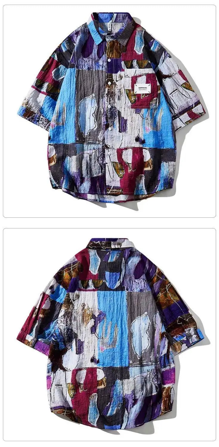 American men and women trendy personalized graffiti printed short sleeved shirt summer couple hip-hop loose fitting Harajuku top
