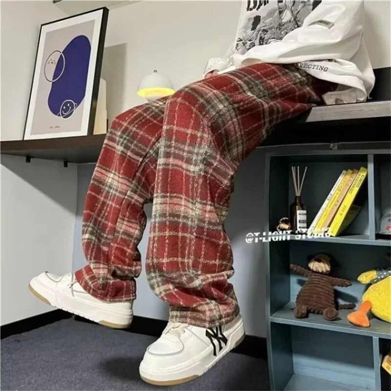 new mens y2k plaid casual baggy trousers autumn korean fashion straight woolen pants y2k vintage streetwear pantalones hombre relaxed fit trousers