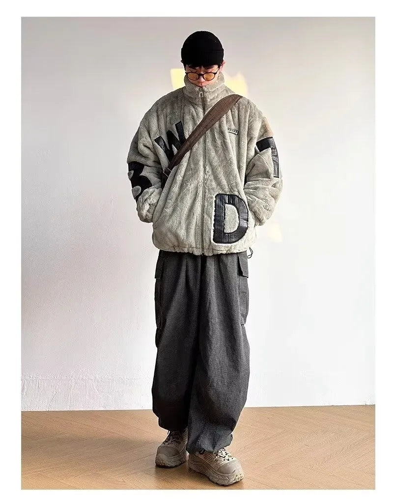 Street Lamb Wool Jacket Mens 2024 Winter Stand Collar Letter Patchwork College Parkas Fleece Warm New Thickening Couple Coats