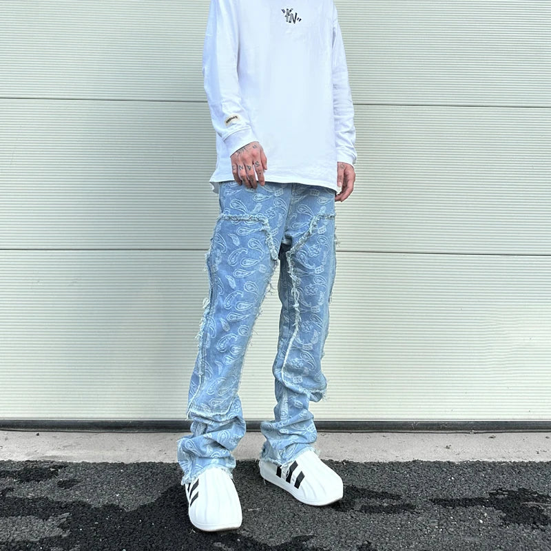 men distressed ripped patchwork paisley denim jean trouser fashion zipper biker jeans streetwear flare pants loose joggers jeans unique joggers style 5032