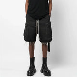 ro style ribbons streetwear multi pockets cargo short for men elastic waist wide leg baggy jeans knee length pants loose overall unique cargo style 4484