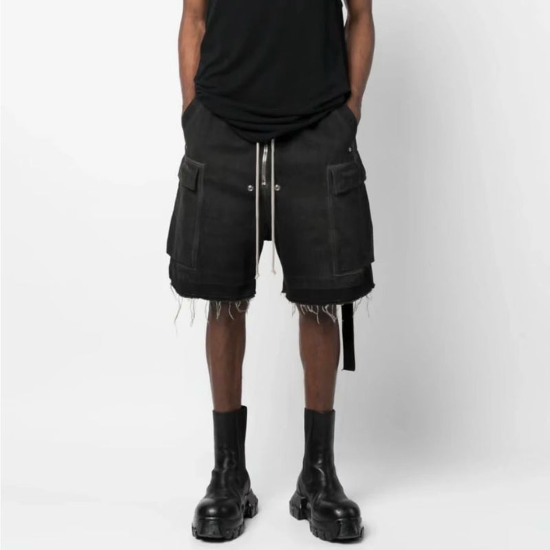 ro style ribbons streetwear multi pockets cargo short for men elastic waist wide leg baggy jeans knee length pants loose overall unique cargo style 4484