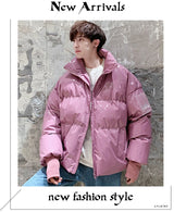 Winter Jacket Men Parkas Thicken Warm Coat Stand Collar Oversize Parkas Bright Leather Fabric Jacket Korean Style Padded Coat