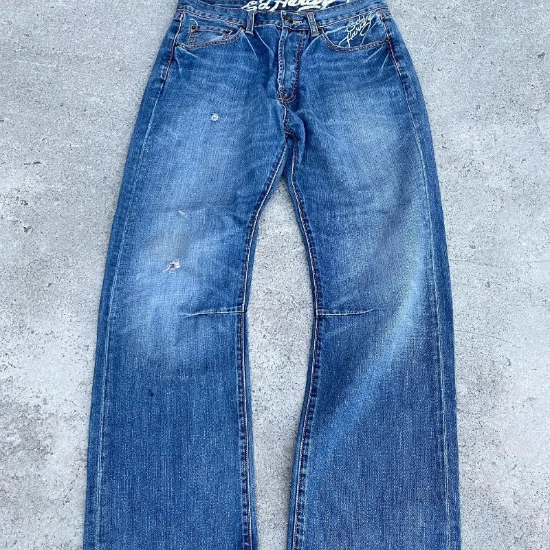 gothic hip hop skull embroidery jeans for men casual y2k high waist wide leg baggy jeans retro straight denim pants streetwear unique jeans style 865