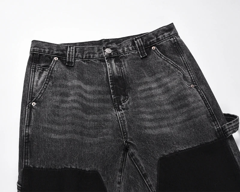 patchwork graffiti black straight denim pants mens vintage patches stitching ink splashed jeans y2k logging cargo pants for male unique cargo style 1486