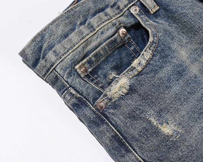 hole ripped retro straight spliced mens jeans streetwear washed pcoekts distressed denim trousers loose hip hop jean pants unique jeans style 529