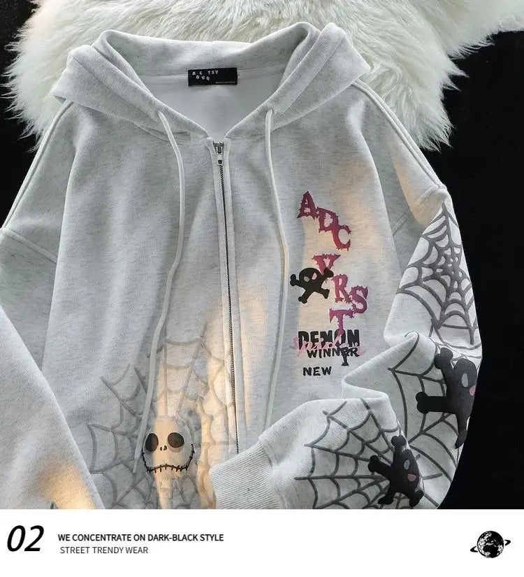 American Spider Retro Ins Printed Cardigan Hooded Sweatshirt Plus Velvet Thickened Men and Women Y2K Trendy Brand Couple Jacket
