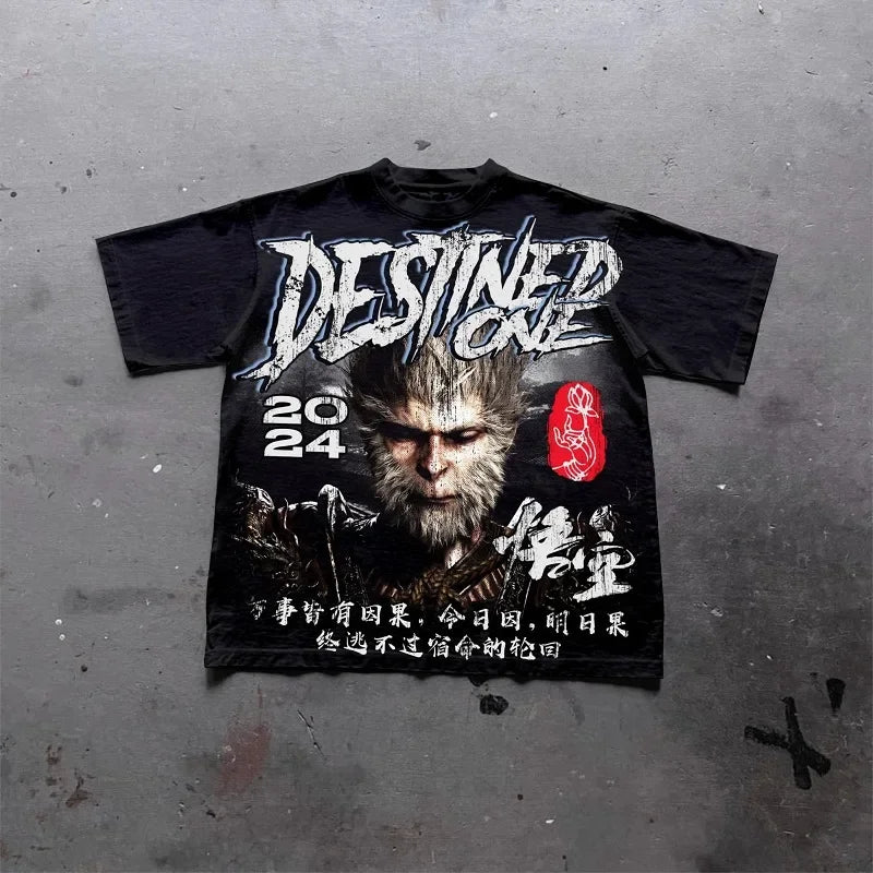 2024 American Trendy Brand Loose Casual Short-sleeved Black Myth Wukong Anime Print Oversized T-shirt Women Y2k Retro Clothing