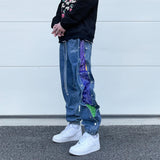 washed distressed denim sweatpant cashew flower patchwork oversized splice buckle jogging jeans casual button baggy men clothing streetwear sweatpants