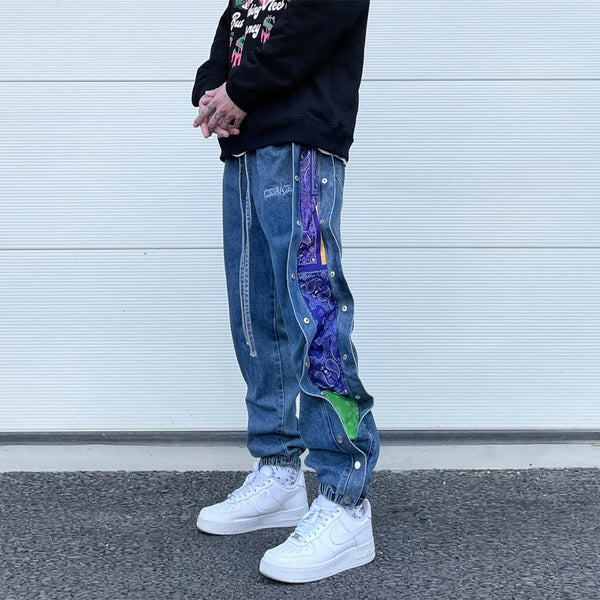 washed distressed denim sweatpant cashew flower patchwork oversized splice buckle jogging jeans casual button baggy men clothing streetwear sweatpants