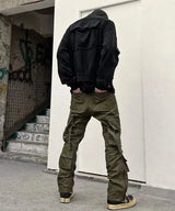 high street multi pockets tooling pants men army green cargo pants hip hop mopping trousers with band unique cargo style 203