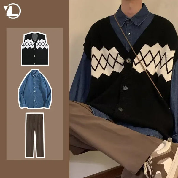 autumn japanese 3 piece set men women college knitted vest jogging pant long sleeve shirts vintage wide leg baggy casual suits minimalist street pants