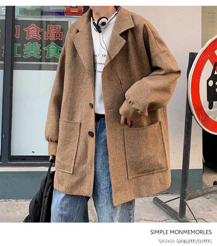 Men Trench Coat Men Mid-length 2023 New Autumn and Winter Corduroy Coat Coat Wool Design Korean Style Men Winter Coat