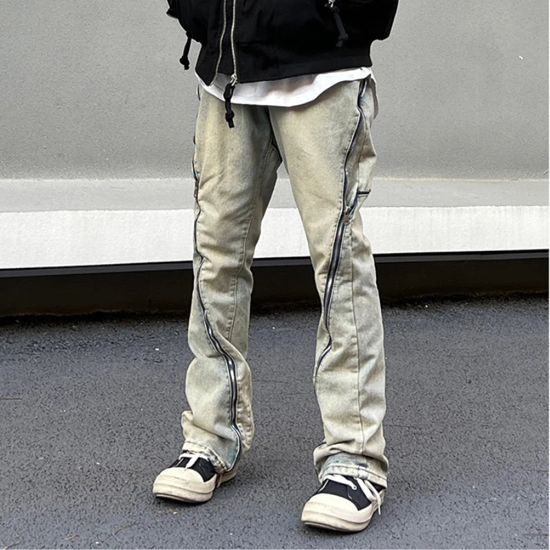 retro washed denim jean pants 2023 new casual zipper open loose straight jeans hip hop y2k pants mens jeans streetwear joggers unique joggers style 4208