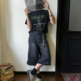 mens hip hop washed denim shorts broken hole folds burr edge street punk cowboy middle pants pockets bomber quarter pants y2k denim street jeans
